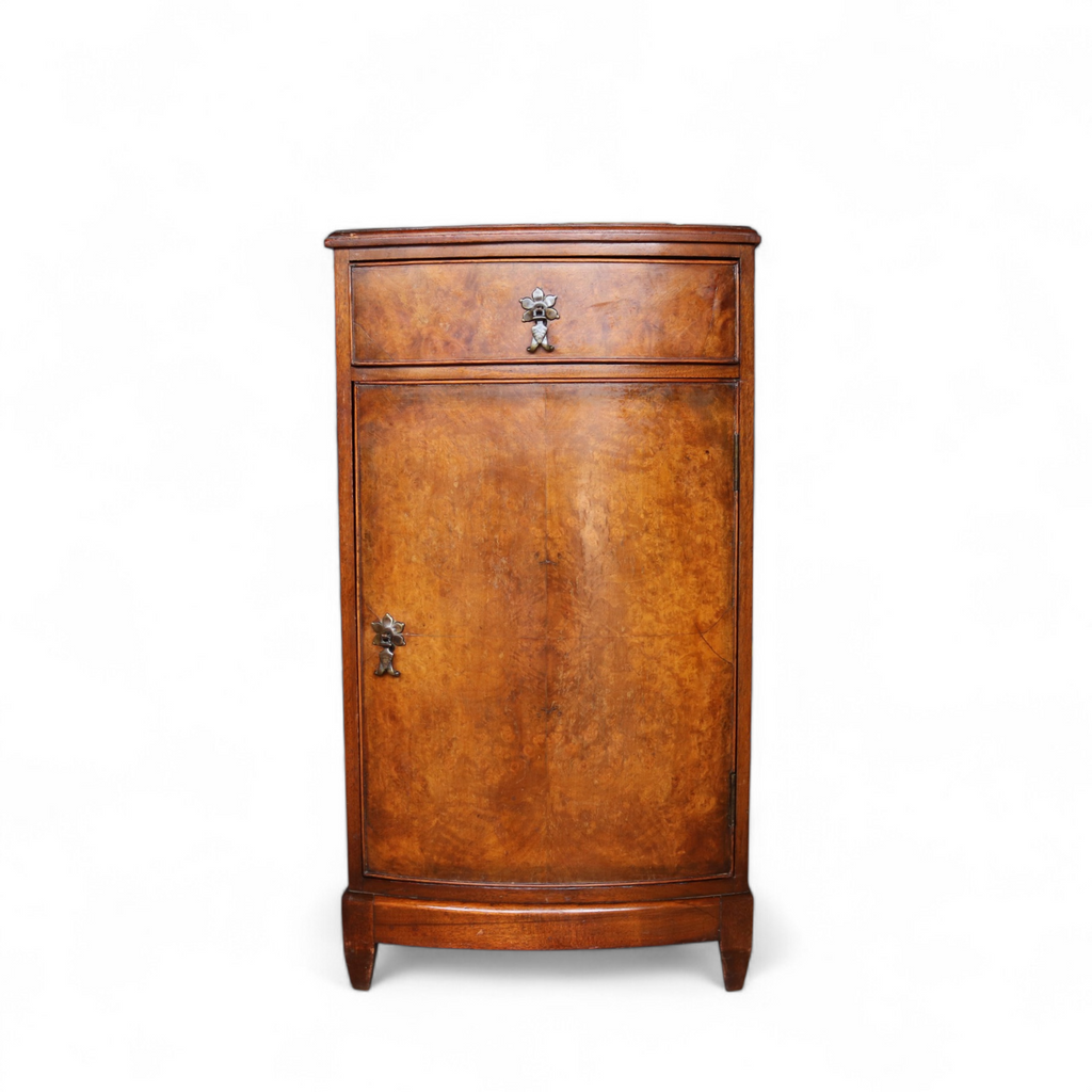 Vintage Burr Walnut Art Deco Bedside Cabinet Nightstand Bow Front Pot Cupboard