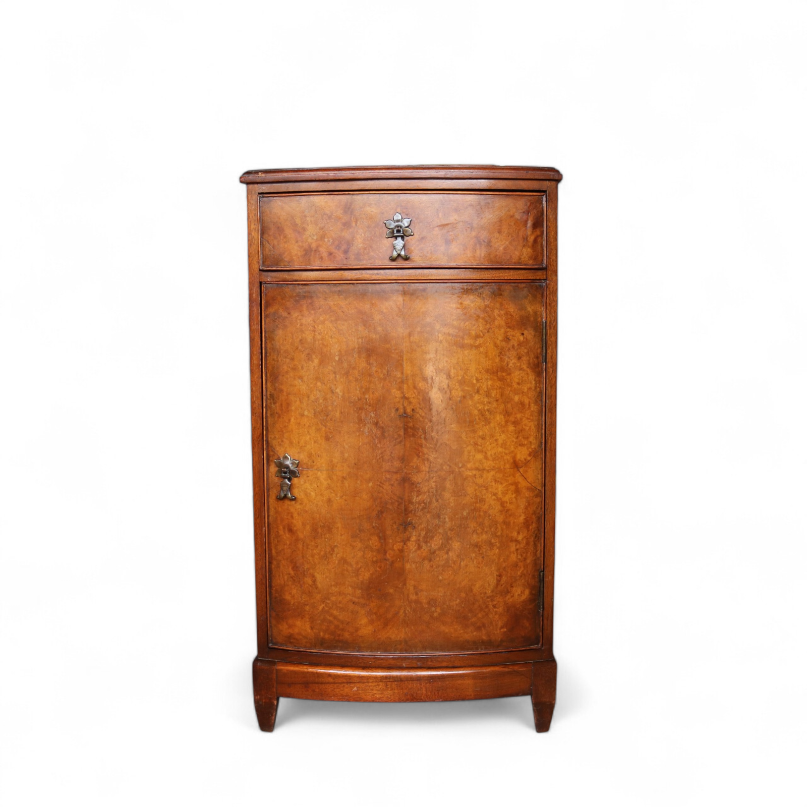 Vintage Burr Walnut Art Deco Bedside Cabinet Nightstand Bow Front Pot Cupboard