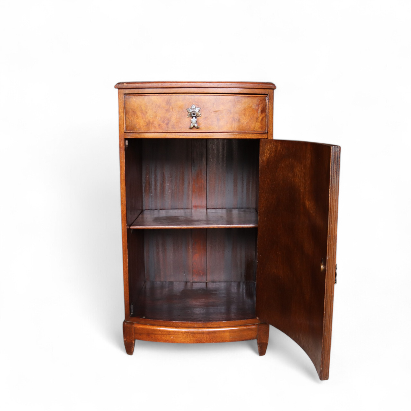 Vintage Burr Walnut Art Deco Bedside Cabinet Nightstand Bow Front Pot Cupboard