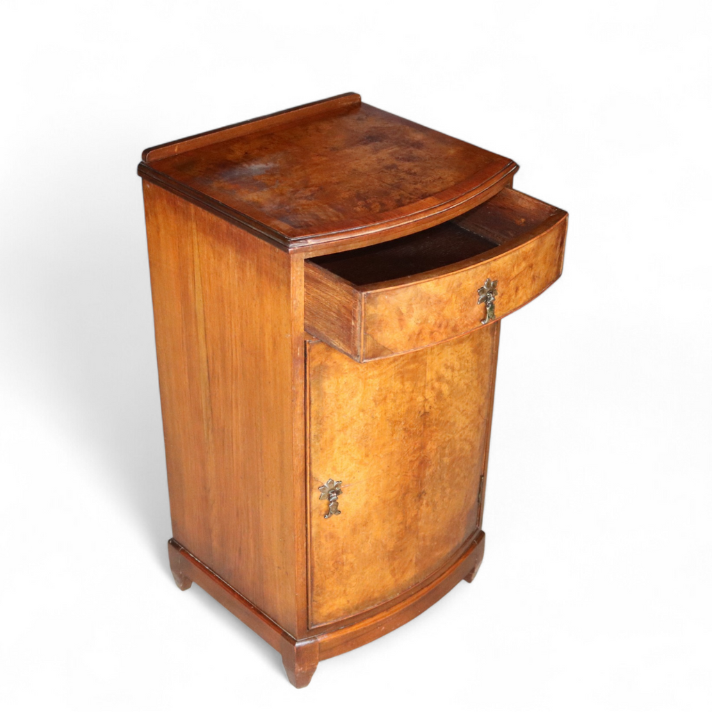 Vintage Burr Walnut Art Deco Bedside Cabinet Nightstand Bow Front Pot Cupboard