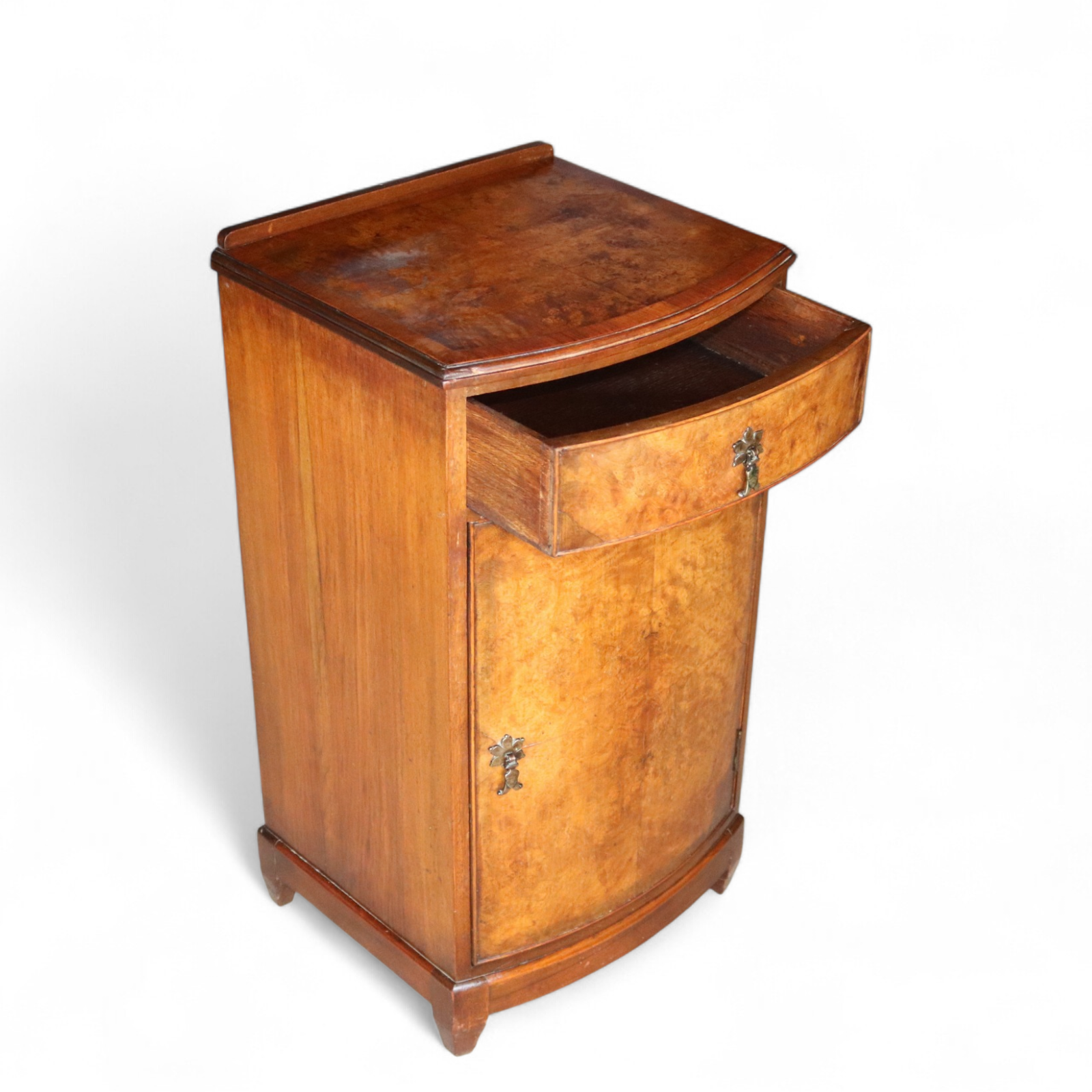 Vintage Burr Walnut Art Deco Bedside Cabinet Nightstand Bow Front Pot Cupboard