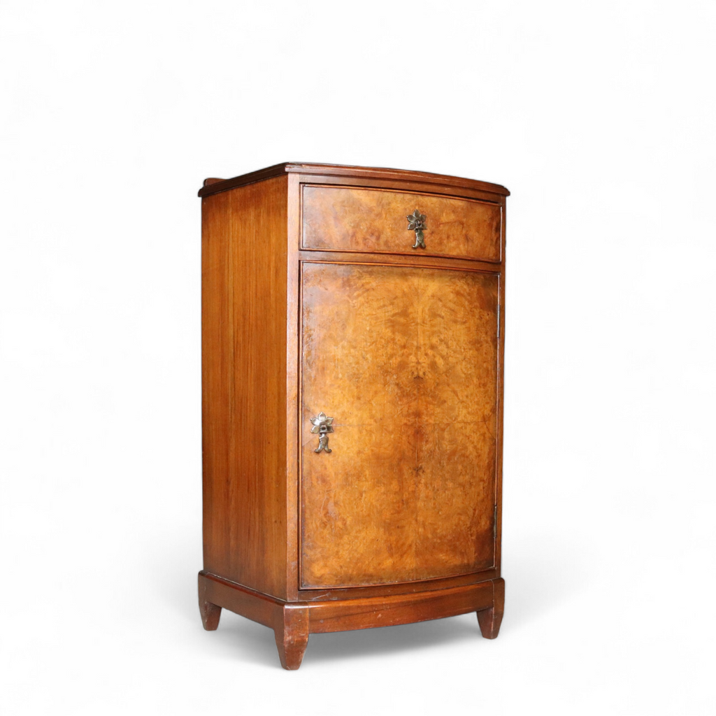 Vintage Burr Walnut Art Deco Bedside Cabinet Nightstand Bow Front Pot Cupboard