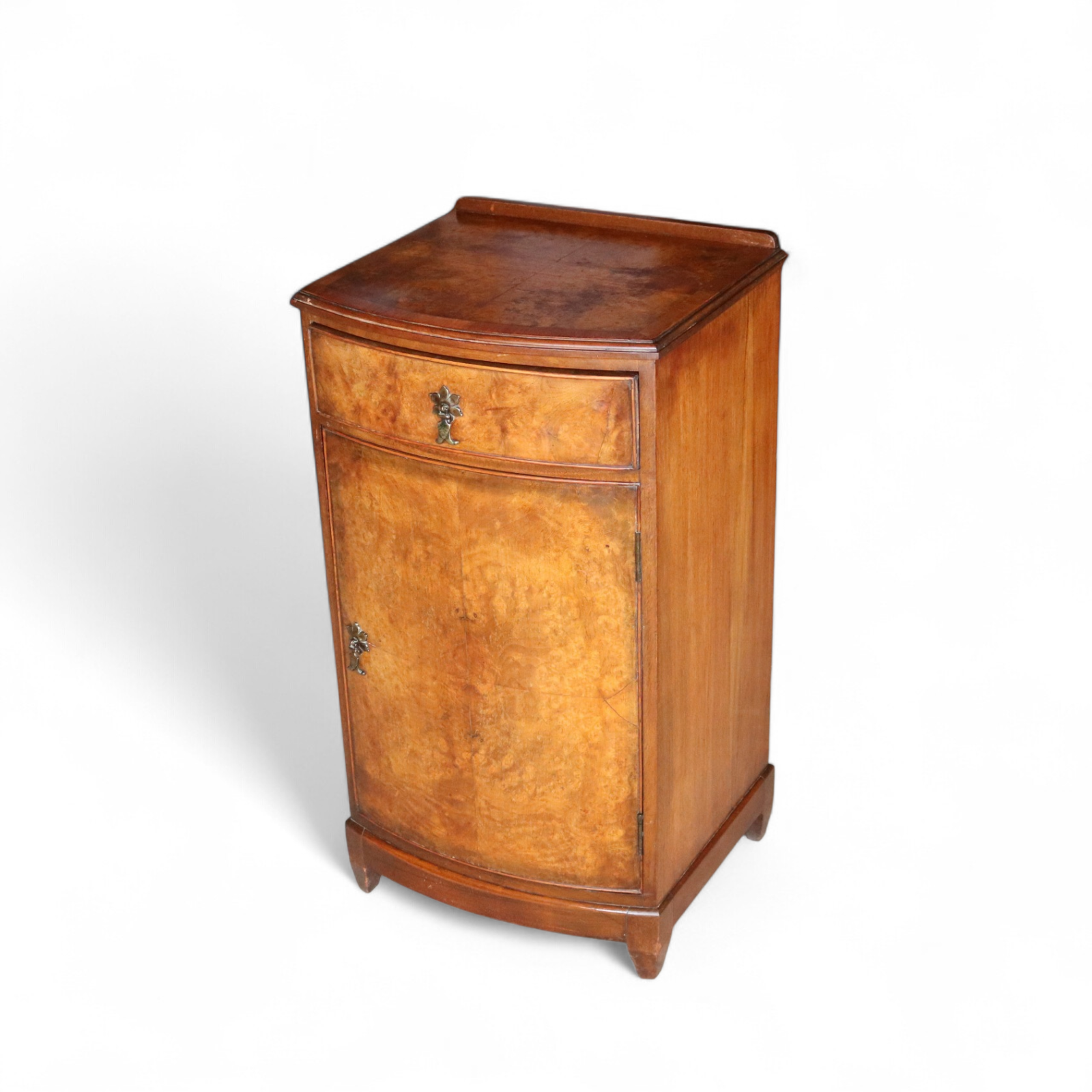 Vintage Burr Walnut Art Deco Bedside Cabinet Nightstand Bow Front Pot Cupboard