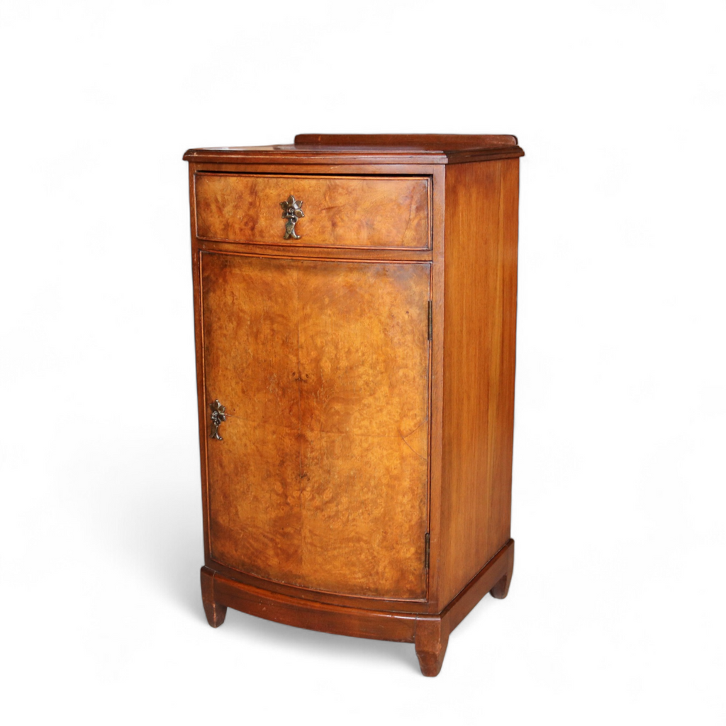 Vintage Burr Walnut Art Deco Bedside Cabinet Nightstand Bow Front Pot Cupboard