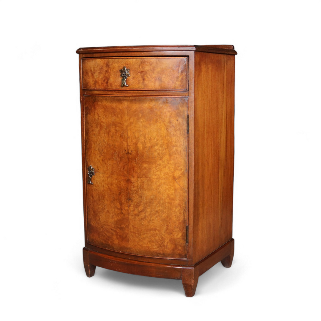 Vintage Burr Walnut Art Deco Bedside Cabinet Nightstand Bow Front Pot Cupboard