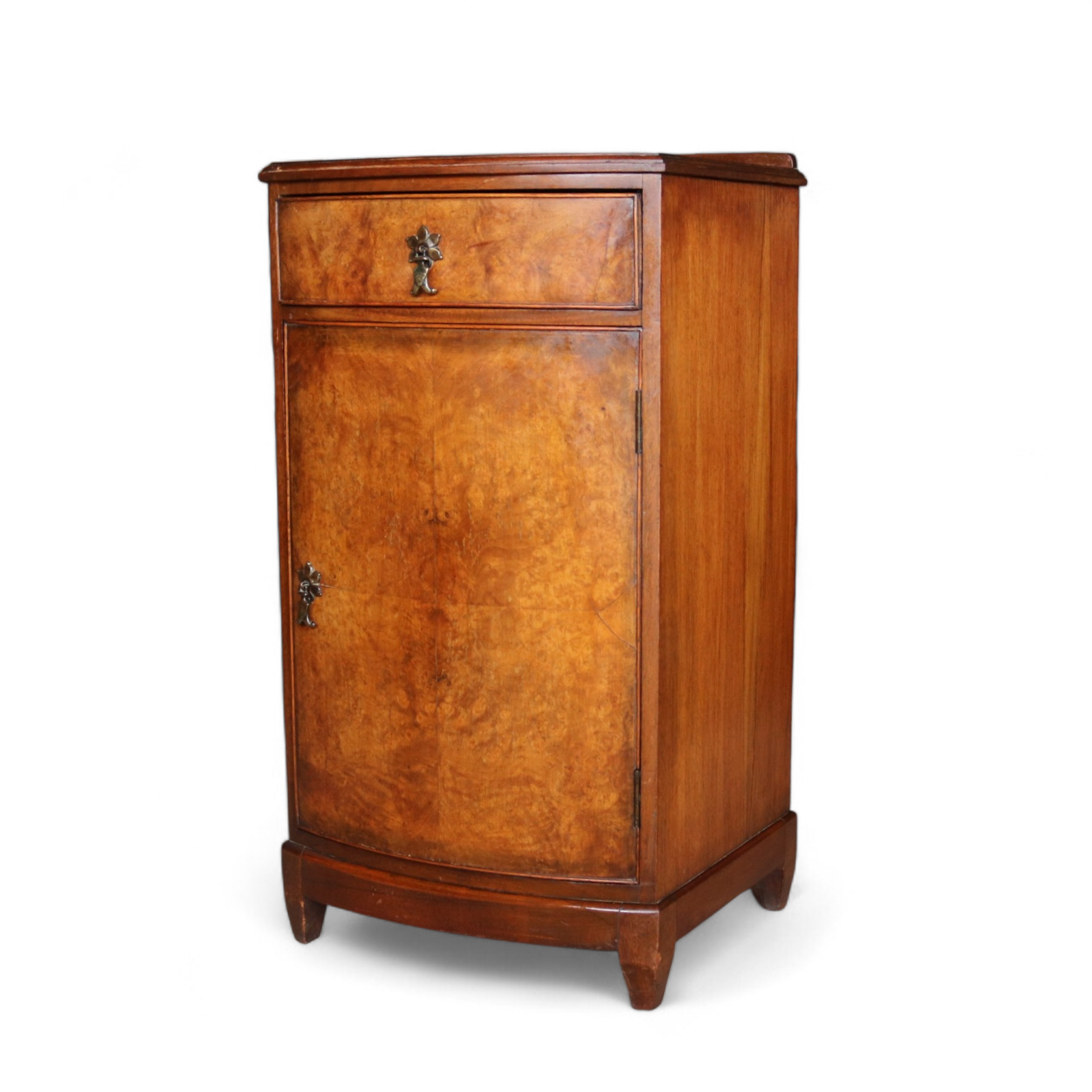 Vintage Burr Walnut Art Deco Bedside Cabinet Nightstand Bow Front Pot Cupboard