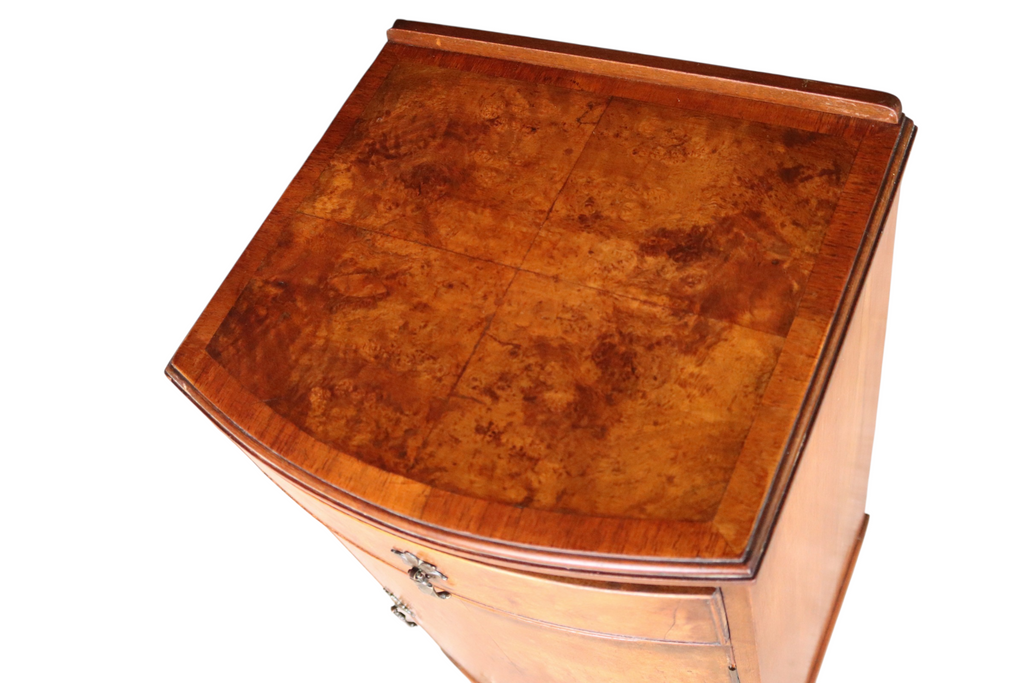 Vintage Burr Walnut Art Deco Bedside Cabinet Nightstand Bow Front Pot Cupboard