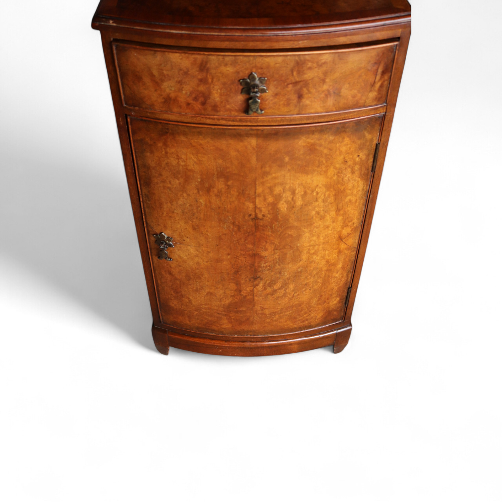Vintage Burr Walnut Art Deco Bedside Cabinet Nightstand Bow Front Pot Cupboard