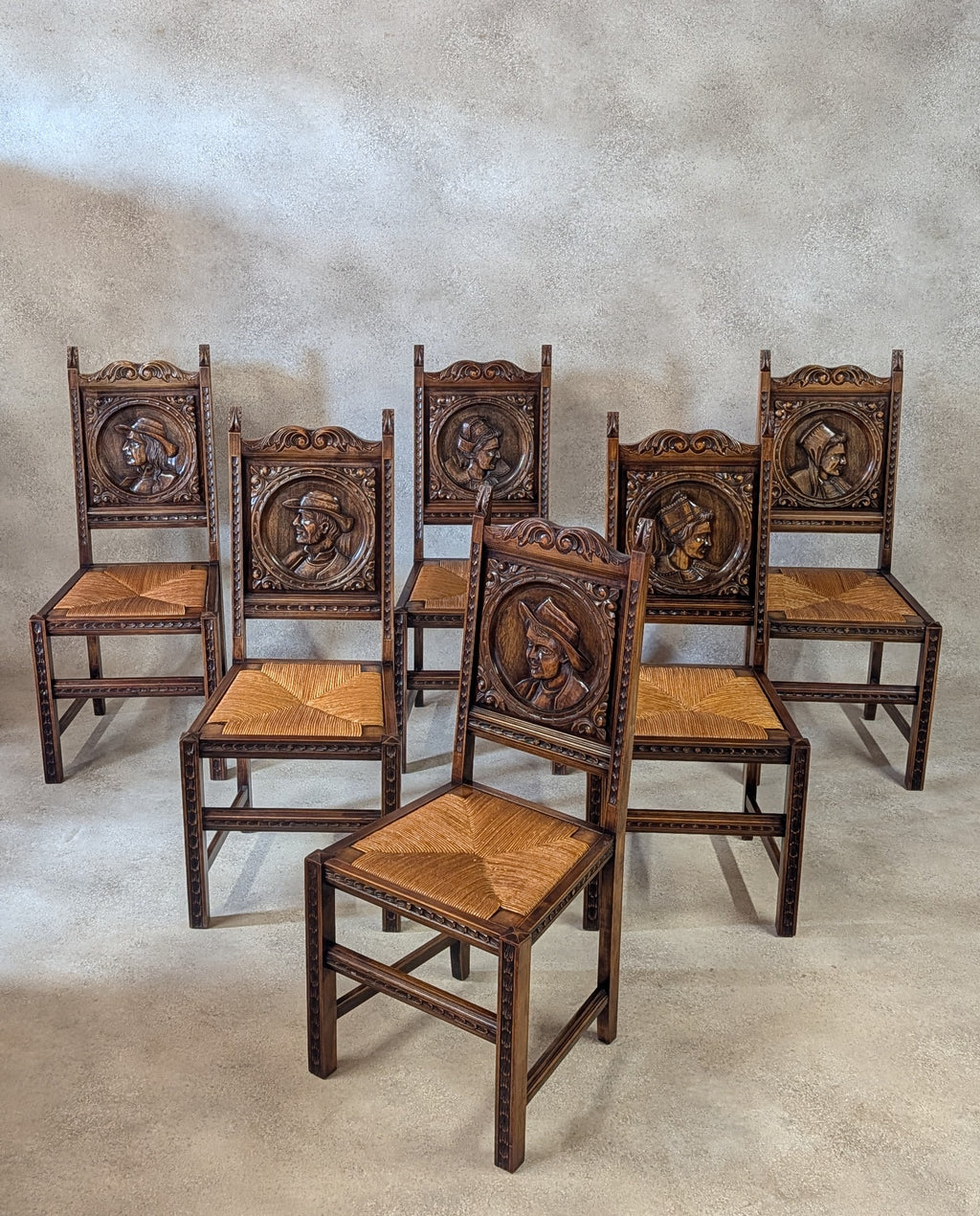 Set of 6 Vintage French Breton Oak Rush Seat Dining Chairs - Hand Carved