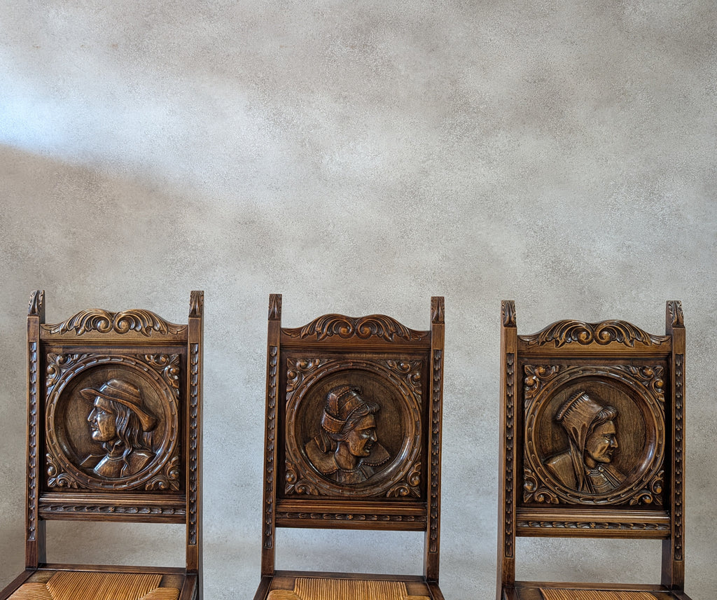 Set of 6 Vintage French Breton Oak Rush Seat Dining Chairs - Hand Carved