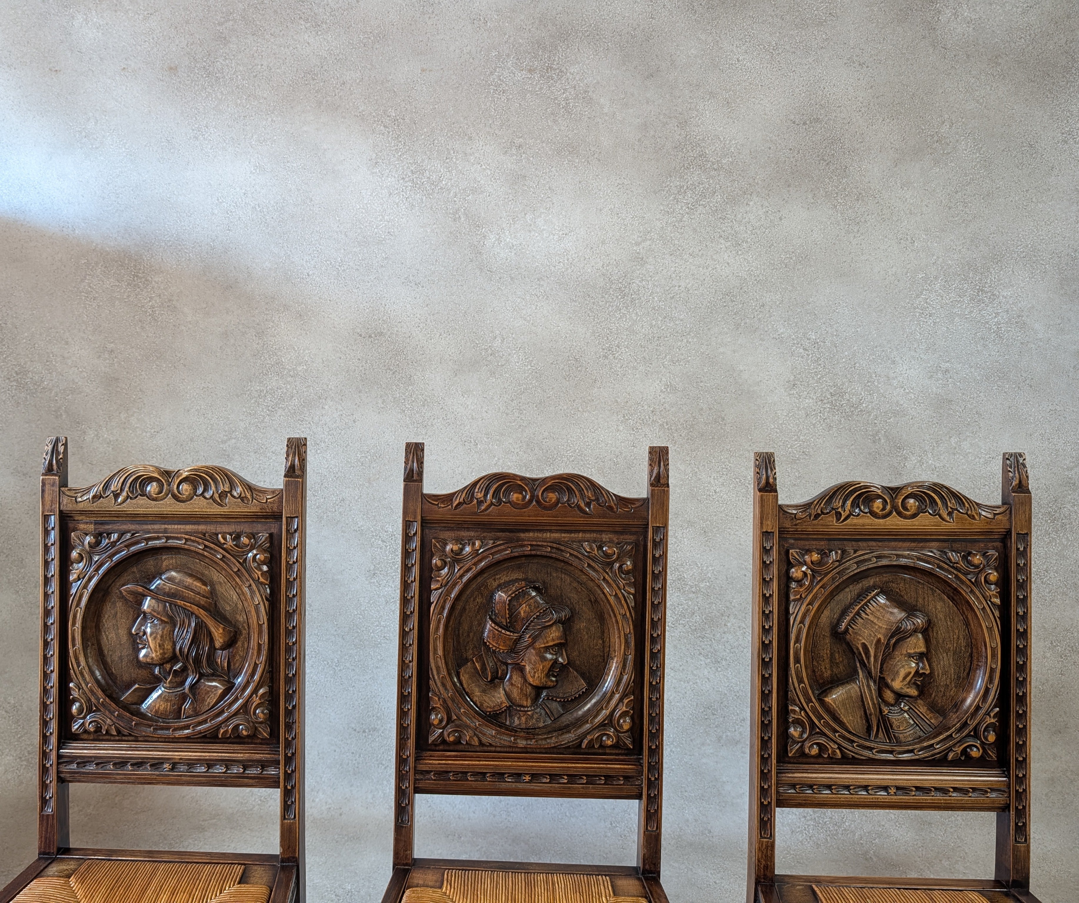 Set of 6 Vintage French Breton Oak Rush Seat Dining Chairs - Hand Carved