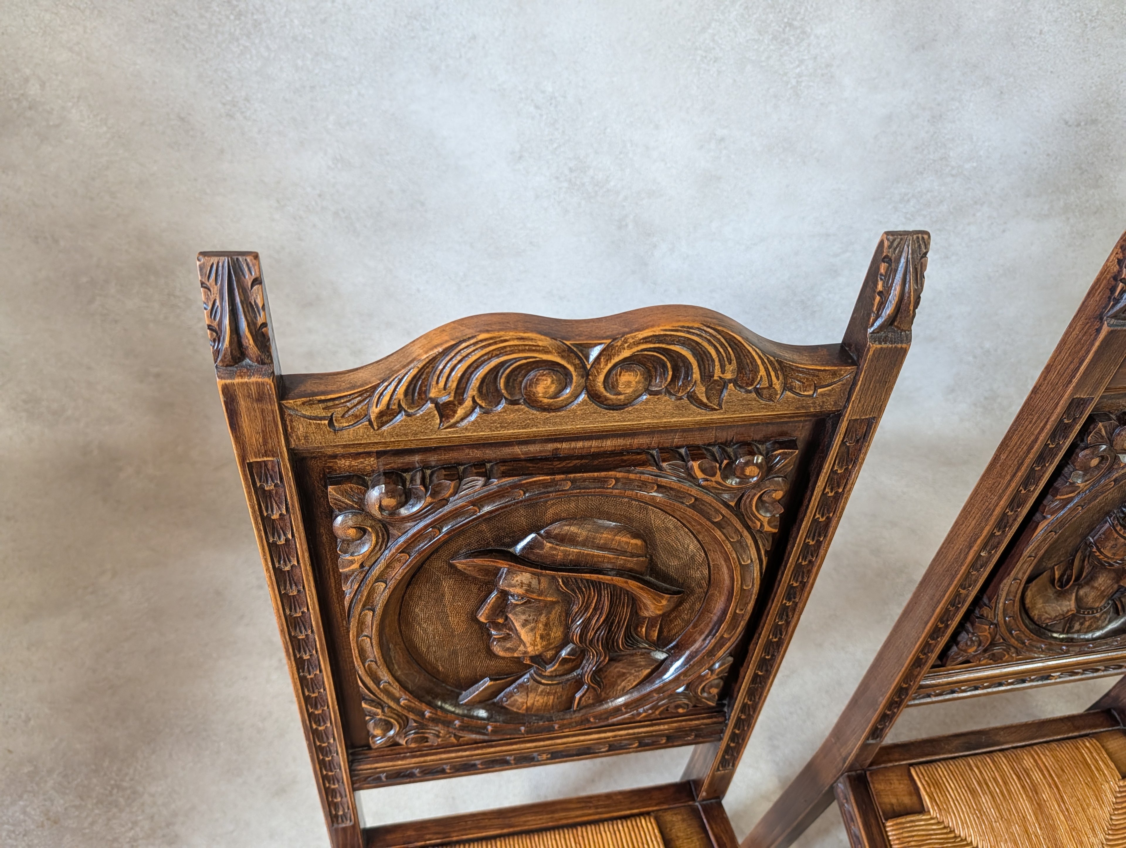 Set of 6 Vintage French Breton Oak Rush Seat Dining Chairs - Hand Carved