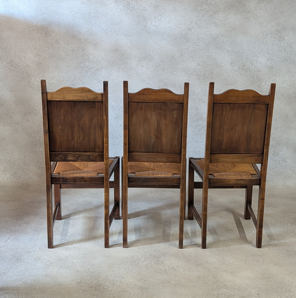Set of 6 Vintage French Breton Oak Rush Seat Dining Chairs - Hand Carved