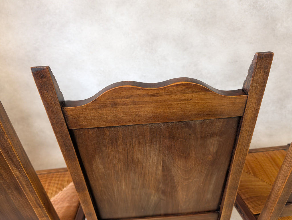 Set of 6 Vintage French Breton Oak Rush Seat Dining Chairs - Hand Carved
