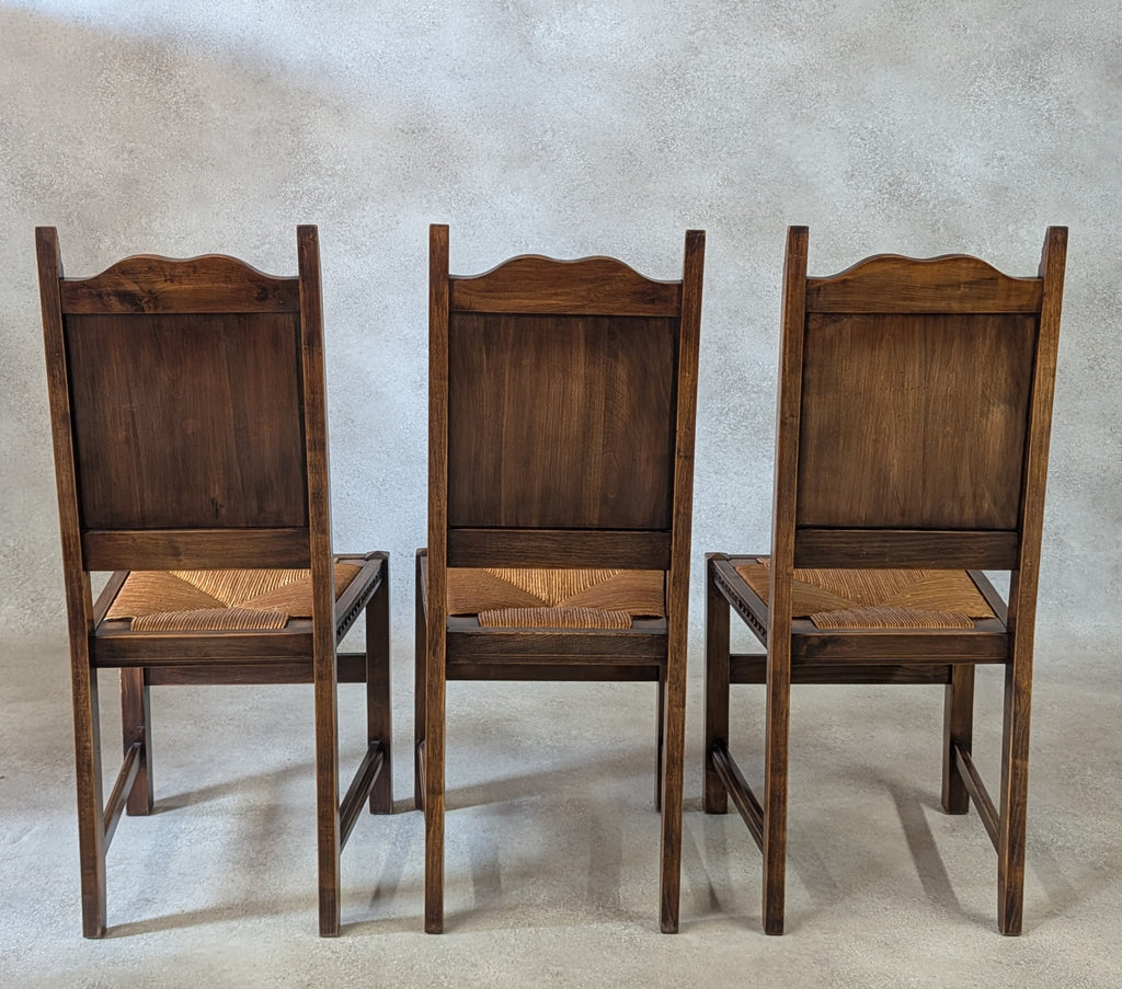 Set of 6 Vintage French Breton Oak Rush Seat Dining Chairs - Hand Carved
