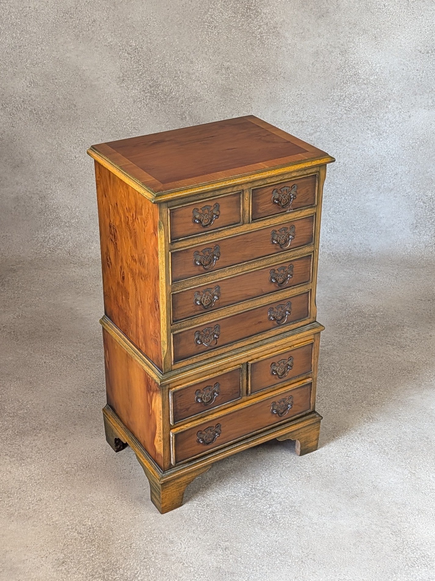 Vintage Georgian Style Yew Wood Miniature Chest on Chest Tallboy - Reproduction