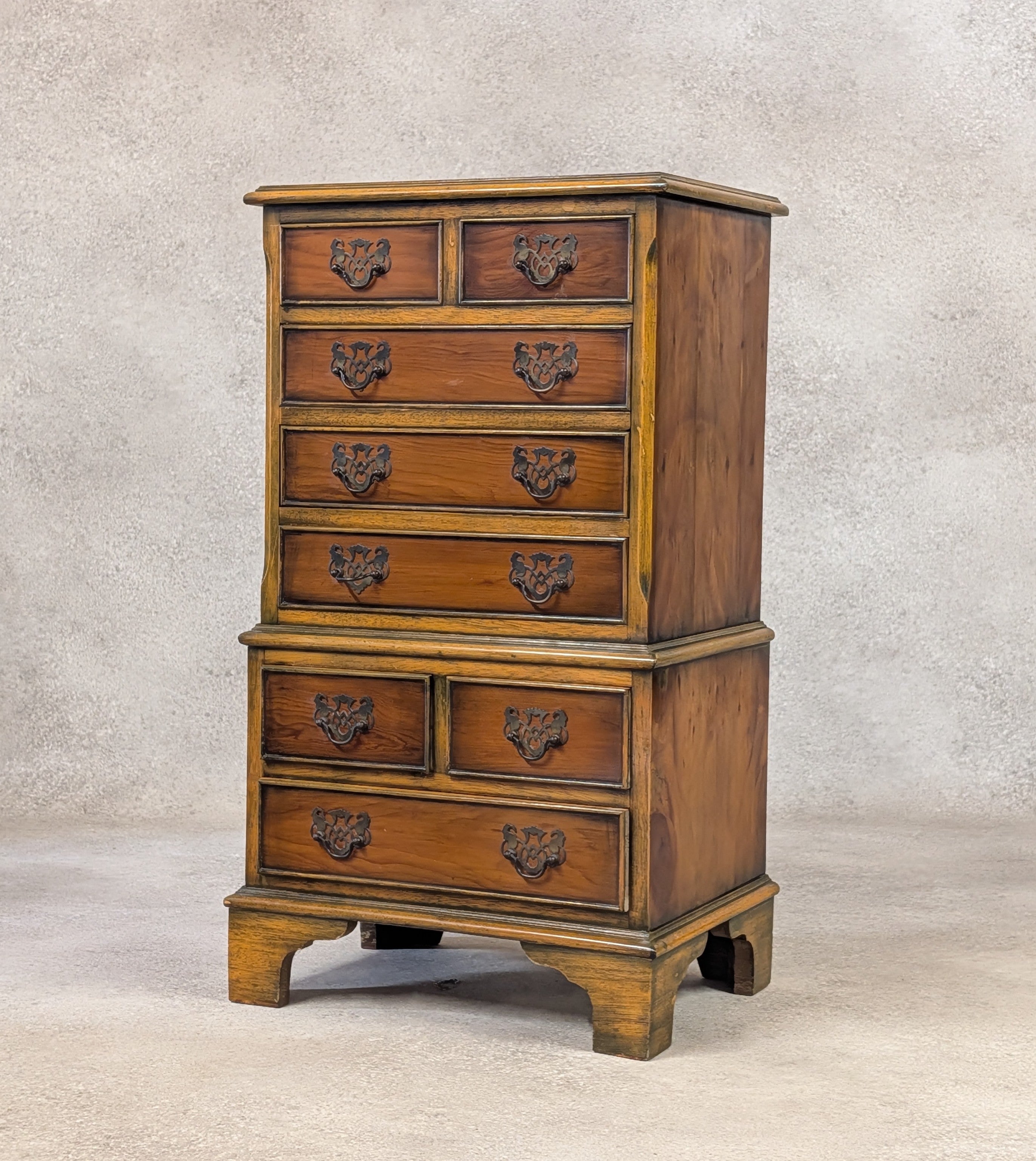 Vintage Georgian Style Yew Wood Miniature Chest on Chest Tallboy - Reproduction