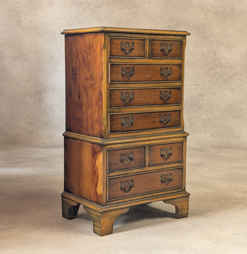 Vintage Georgian Style Yew Wood Miniature Chest on Chest Tallboy - Reproduction