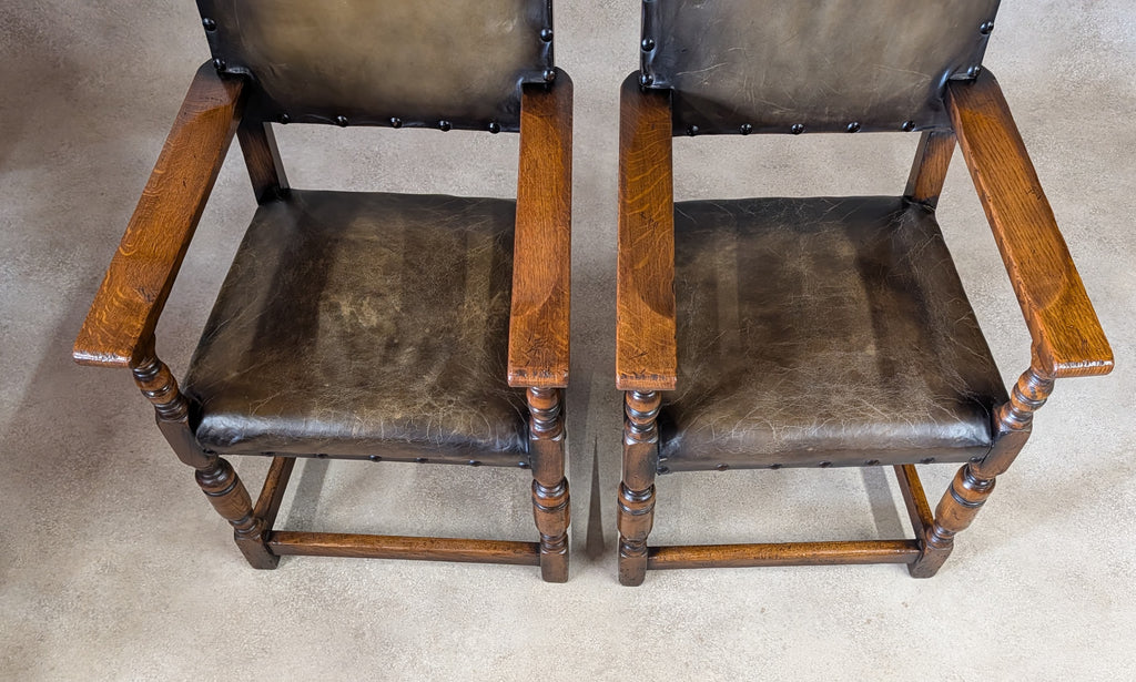 Set Of 6 Vintage Cromwellian Style Oak & Leather Dining Chairs