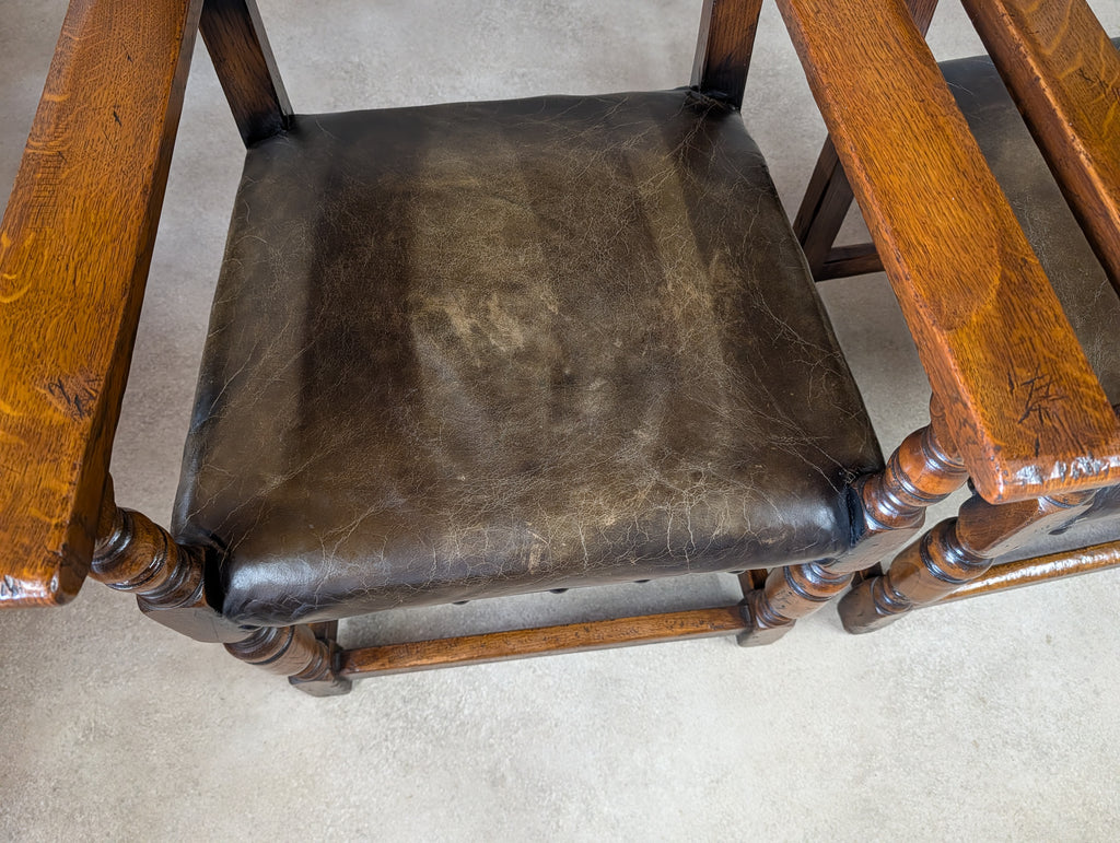 Set Of 6 Vintage Cromwellian Style Oak & Leather Dining Chairs