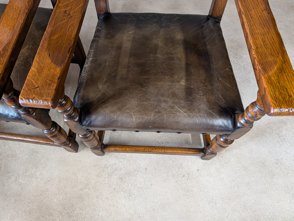 Set Of 6 Vintage Cromwellian Style Oak & Leather Dining Chairs