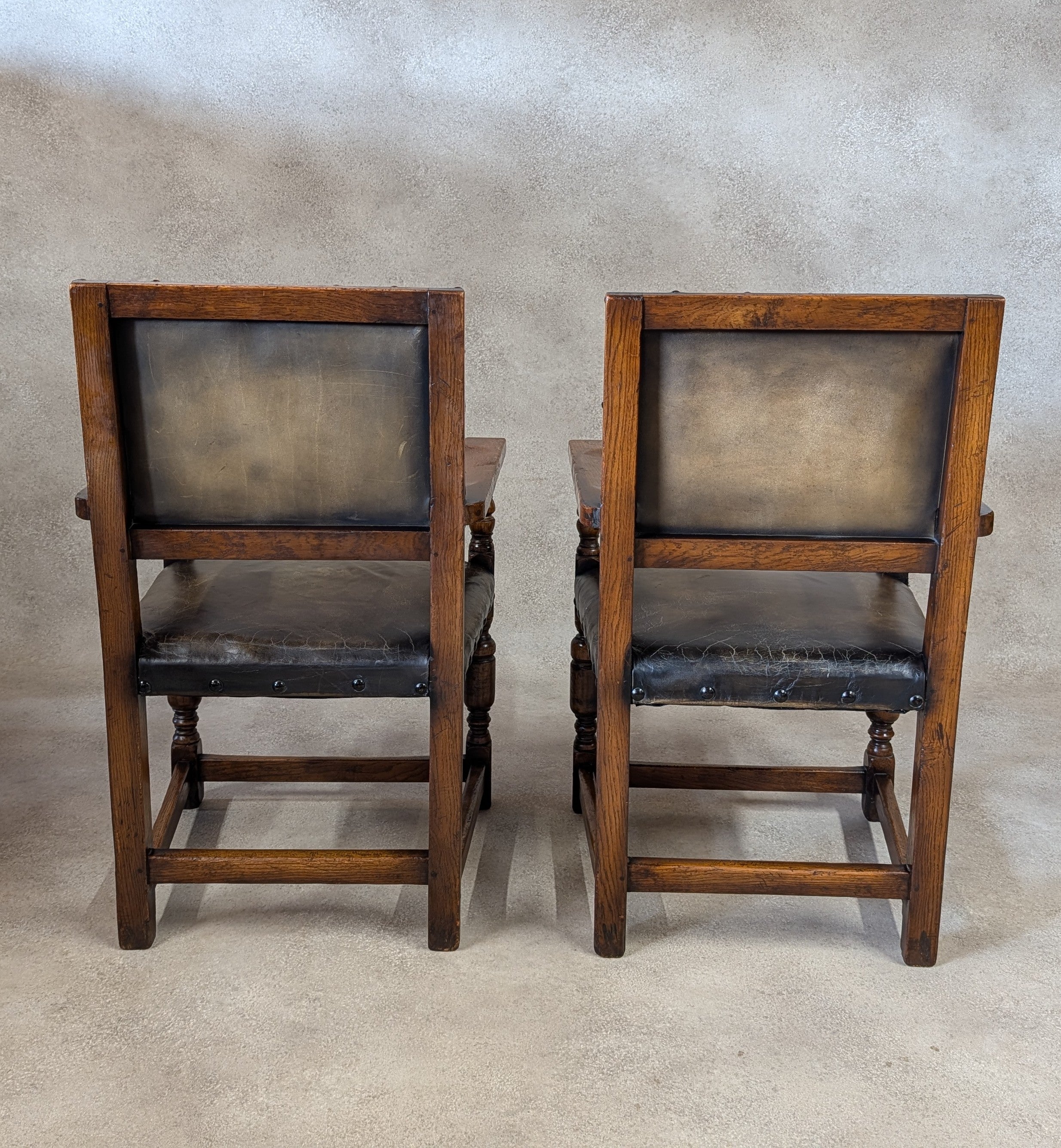 Set Of 6 Vintage Cromwellian Style Oak & Leather Dining Chairs