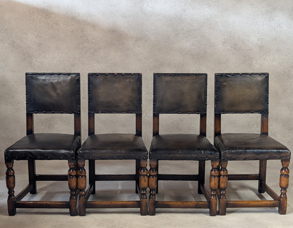 Set Of 6 Vintage Cromwellian Style Oak & Leather Dining Chairs
