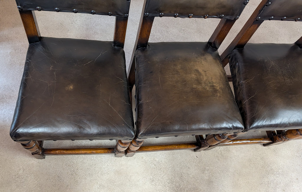 Set Of 6 Vintage Cromwellian Style Oak & Leather Dining Chairs