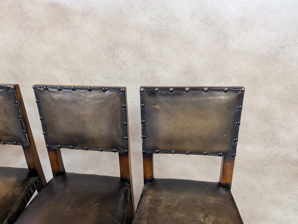 Set Of 6 Vintage Cromwellian Style Oak & Leather Dining Chairs