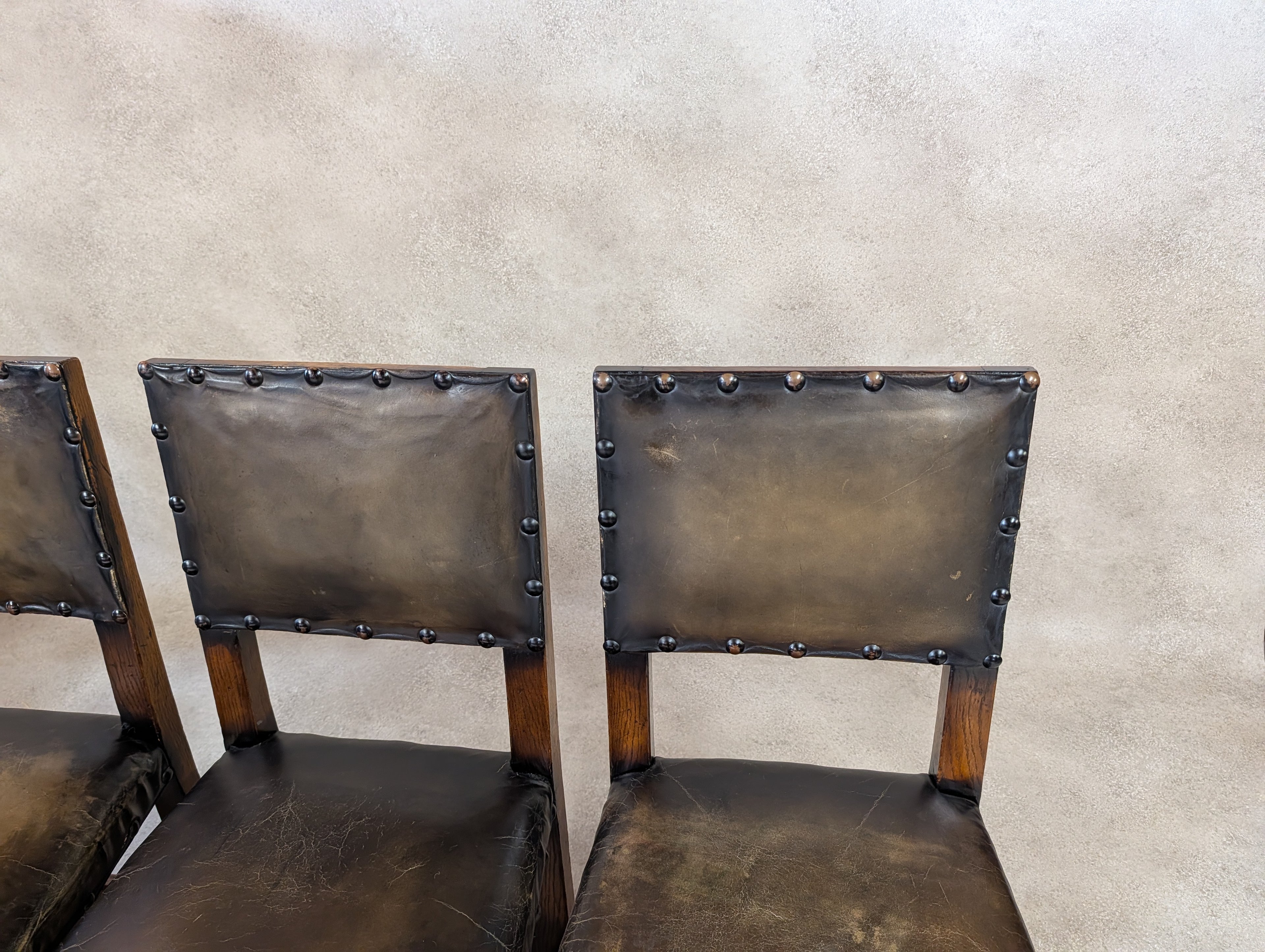 Set Of 6 Vintage Cromwellian Style Oak & Leather Dining Chairs