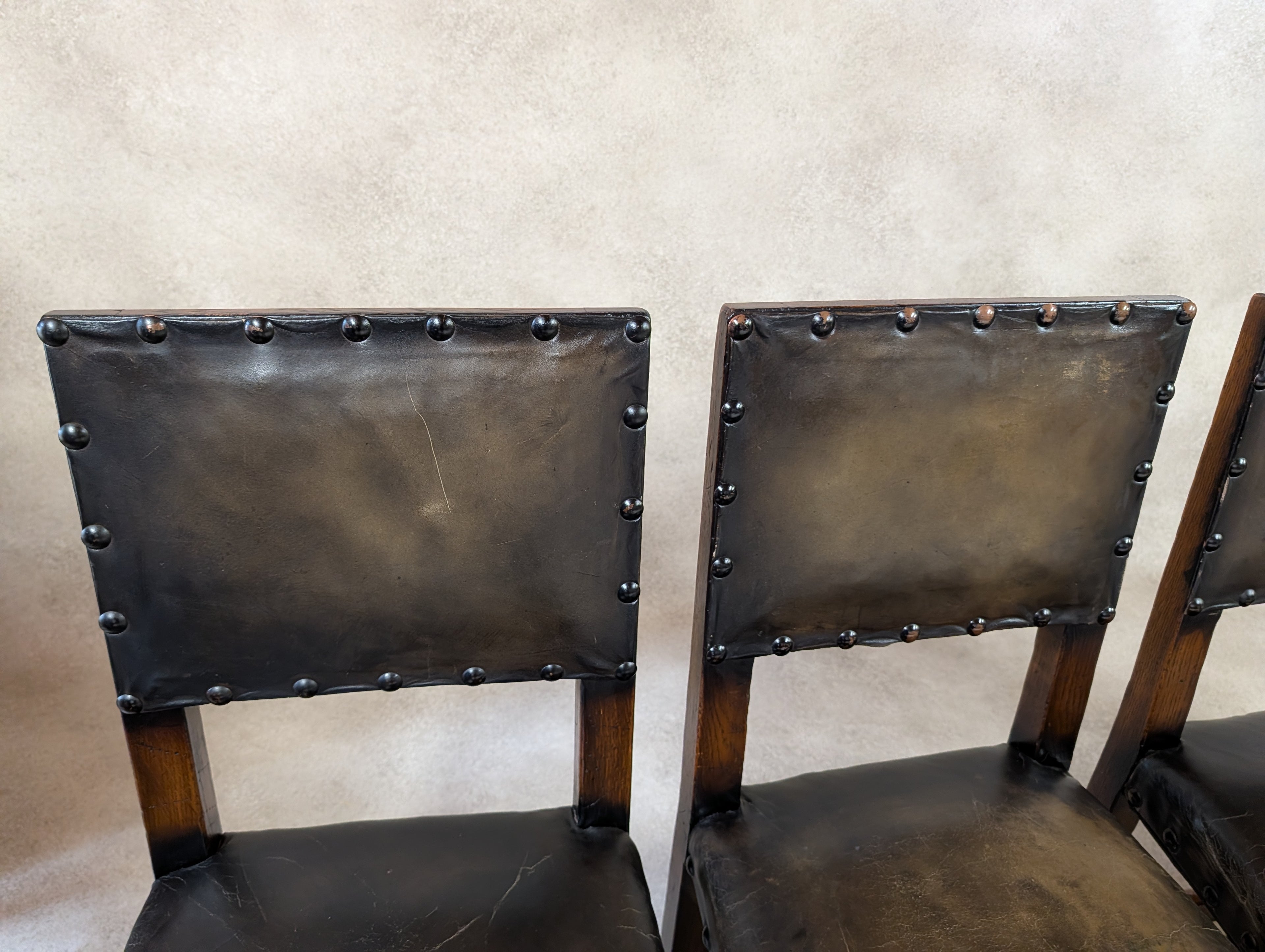 Set Of 6 Vintage Cromwellian Style Oak & Leather Dining Chairs