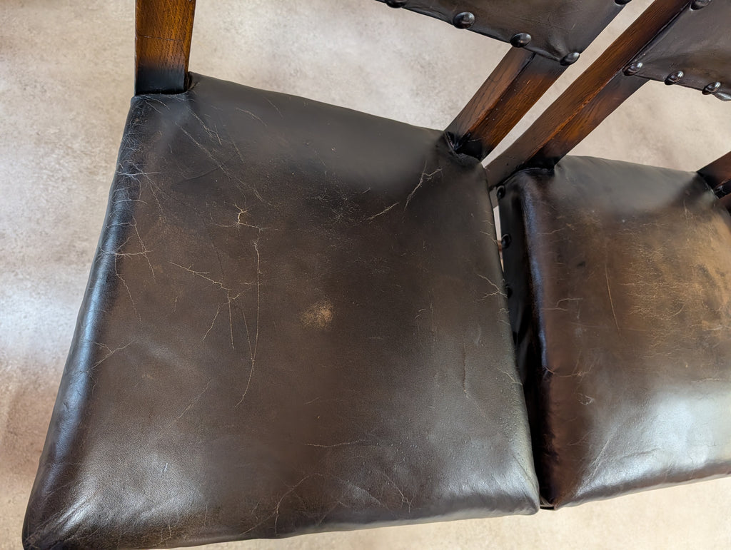 Set Of 6 Vintage Cromwellian Style Oak & Leather Dining Chairs