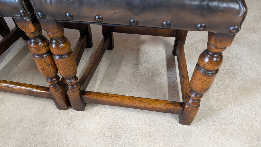 Set Of 6 Vintage Cromwellian Style Oak & Leather Dining Chairs