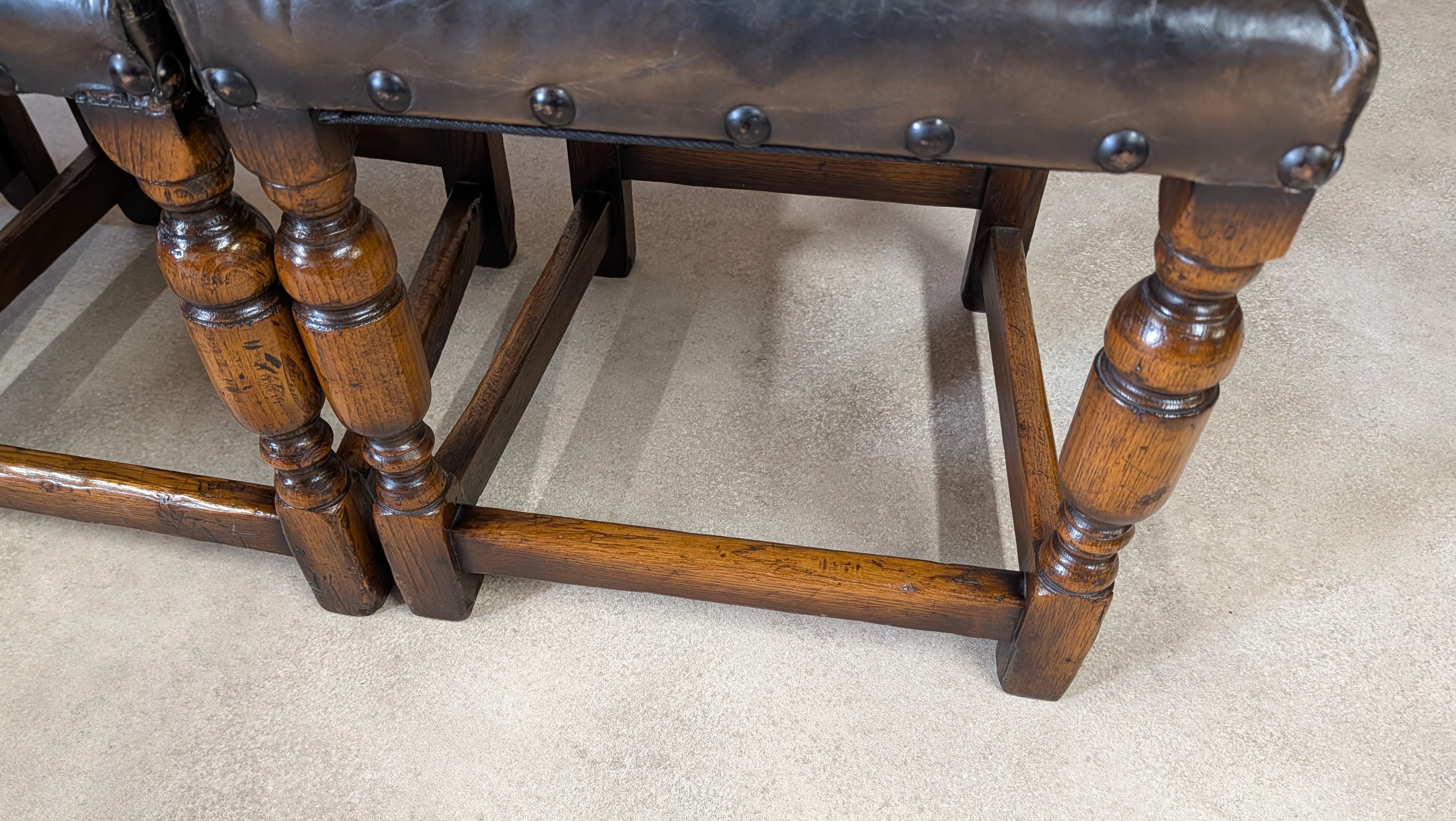 Set Of 6 Vintage Cromwellian Style Oak & Leather Dining Chairs