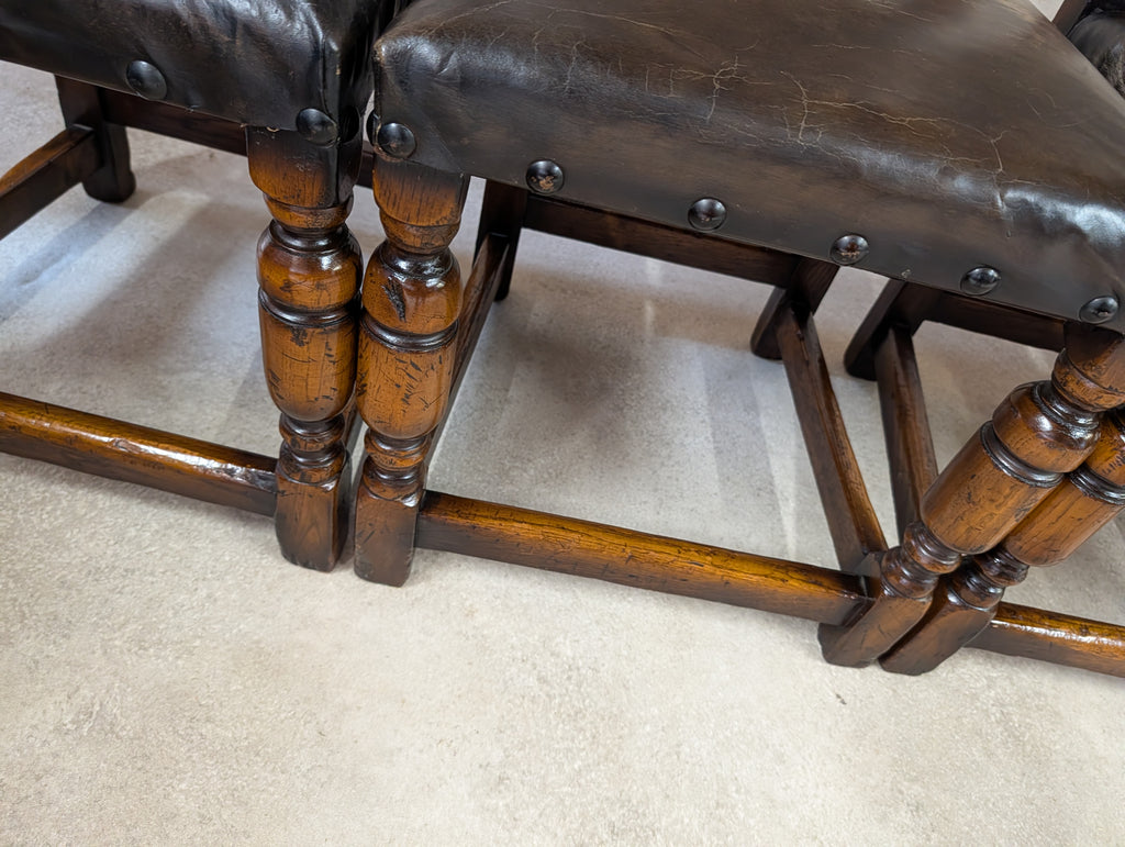 Set Of 6 Vintage Cromwellian Style Oak & Leather Dining Chairs