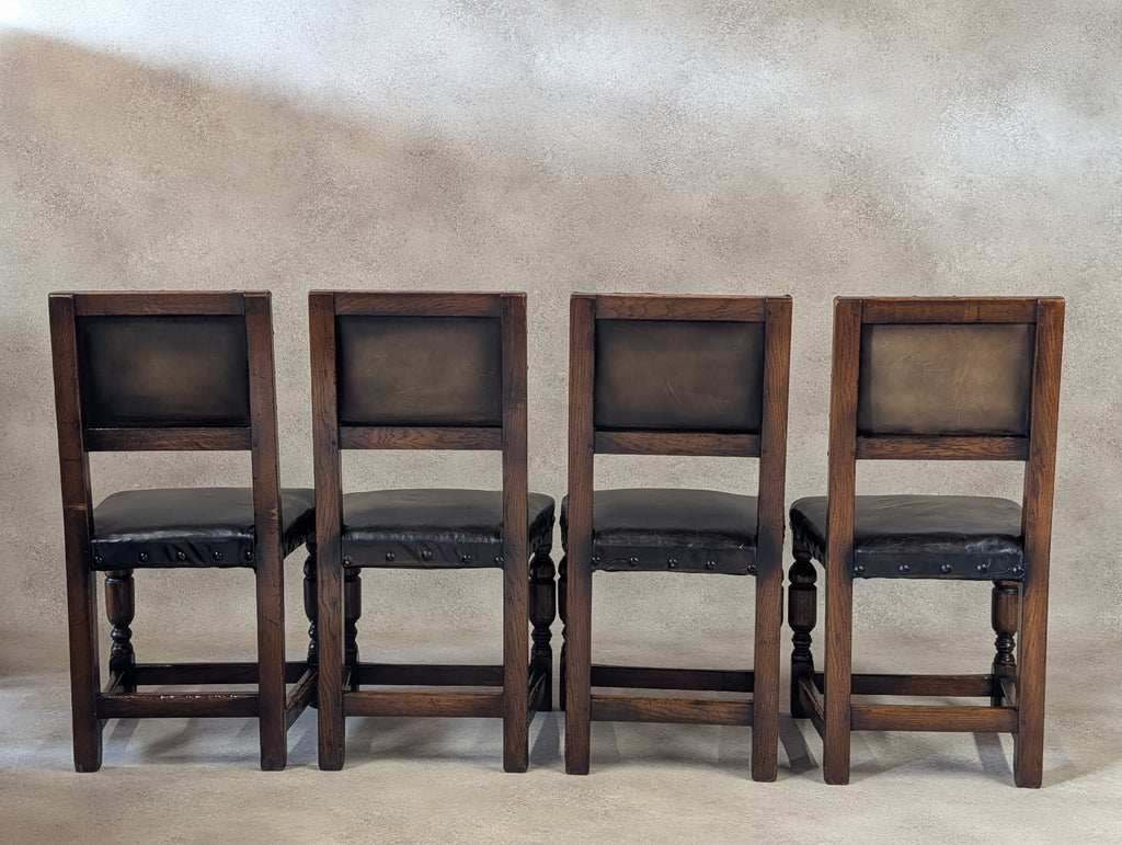 Set Of 6 Vintage Cromwellian Style Oak & Leather Dining Chairs