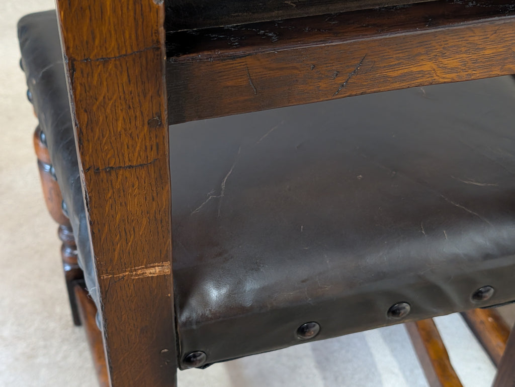 Set Of 6 Vintage Cromwellian Style Oak & Leather Dining Chairs