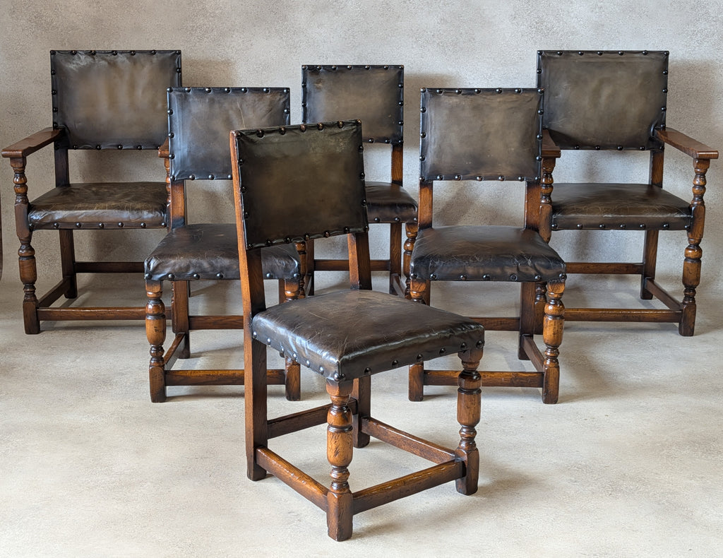 Set Of 6 Vintage Cromwellian Style Oak & Leather Dining Chairs