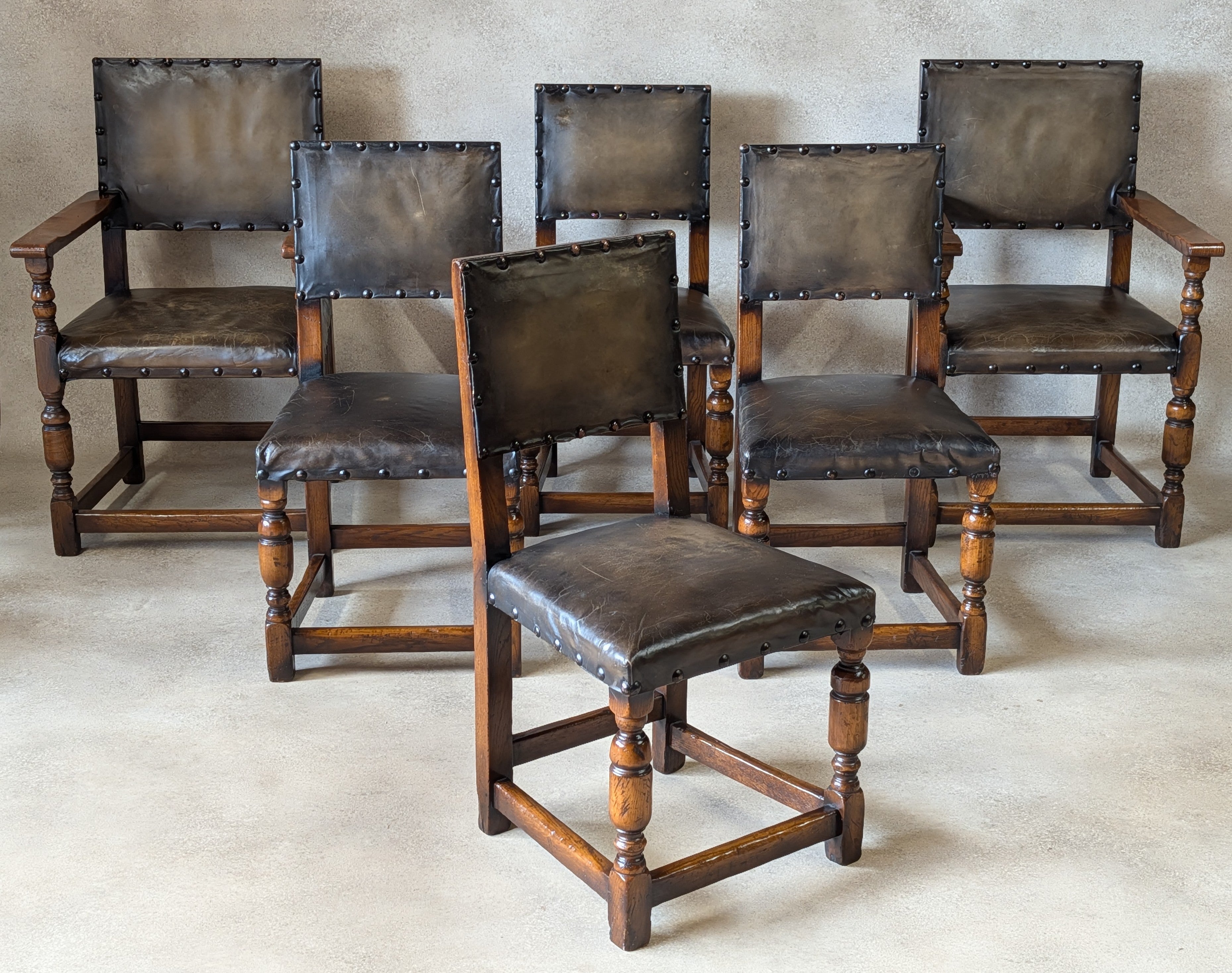 Set Of 6 Vintage Cromwellian Style Oak & Leather Dining Chairs