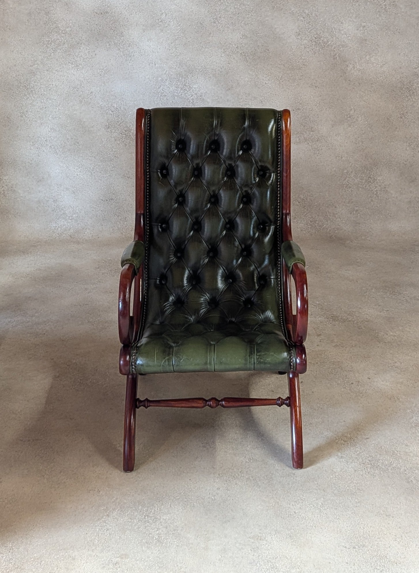 Vintage Green Leather Chesterfield Mahogany Slipper Chairs 'S' Scroll Arm Chair