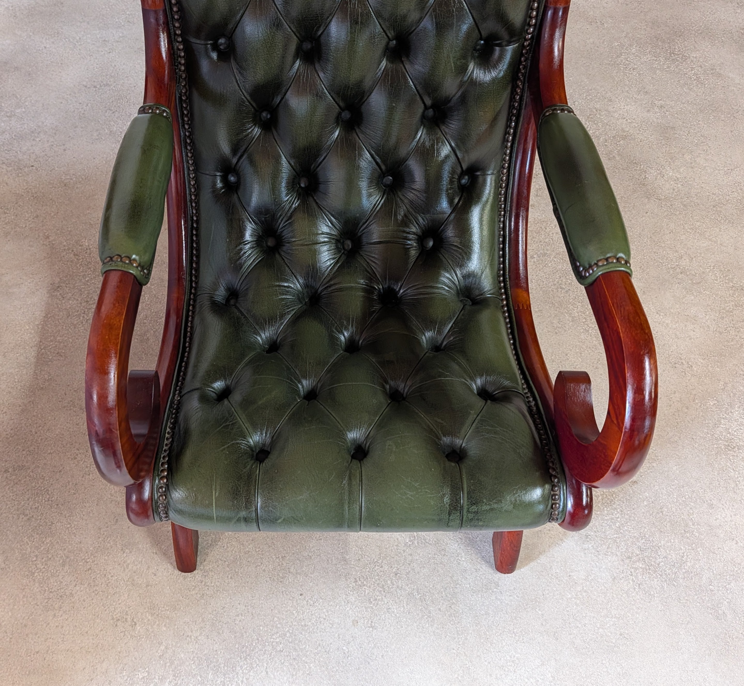 Vintage Green Leather Chesterfield Mahogany Slipper Chairs 'S' Scroll Arm Chair