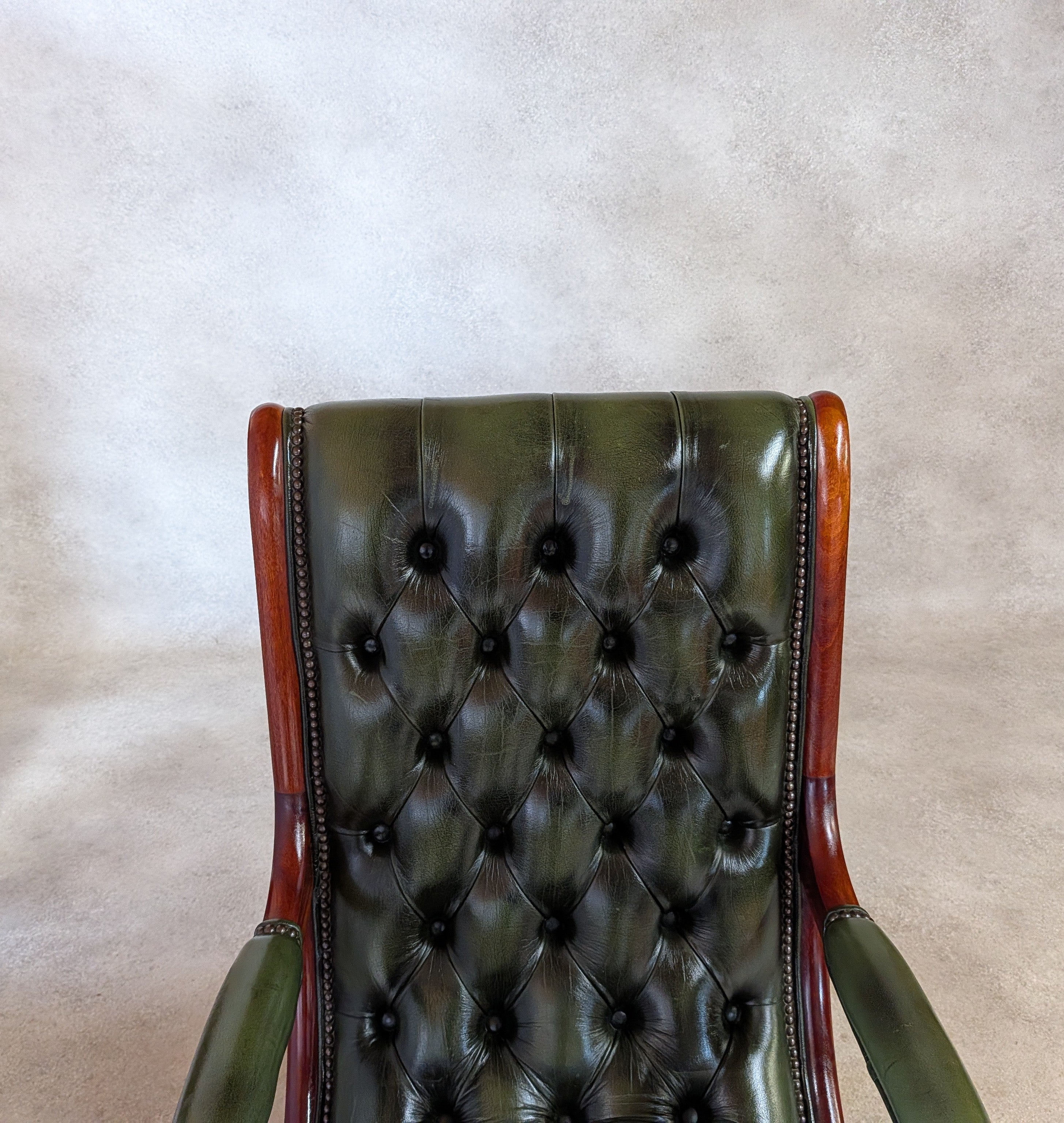 Vintage Green Leather Chesterfield Mahogany Slipper Chairs 'S' Scroll Arm Chair