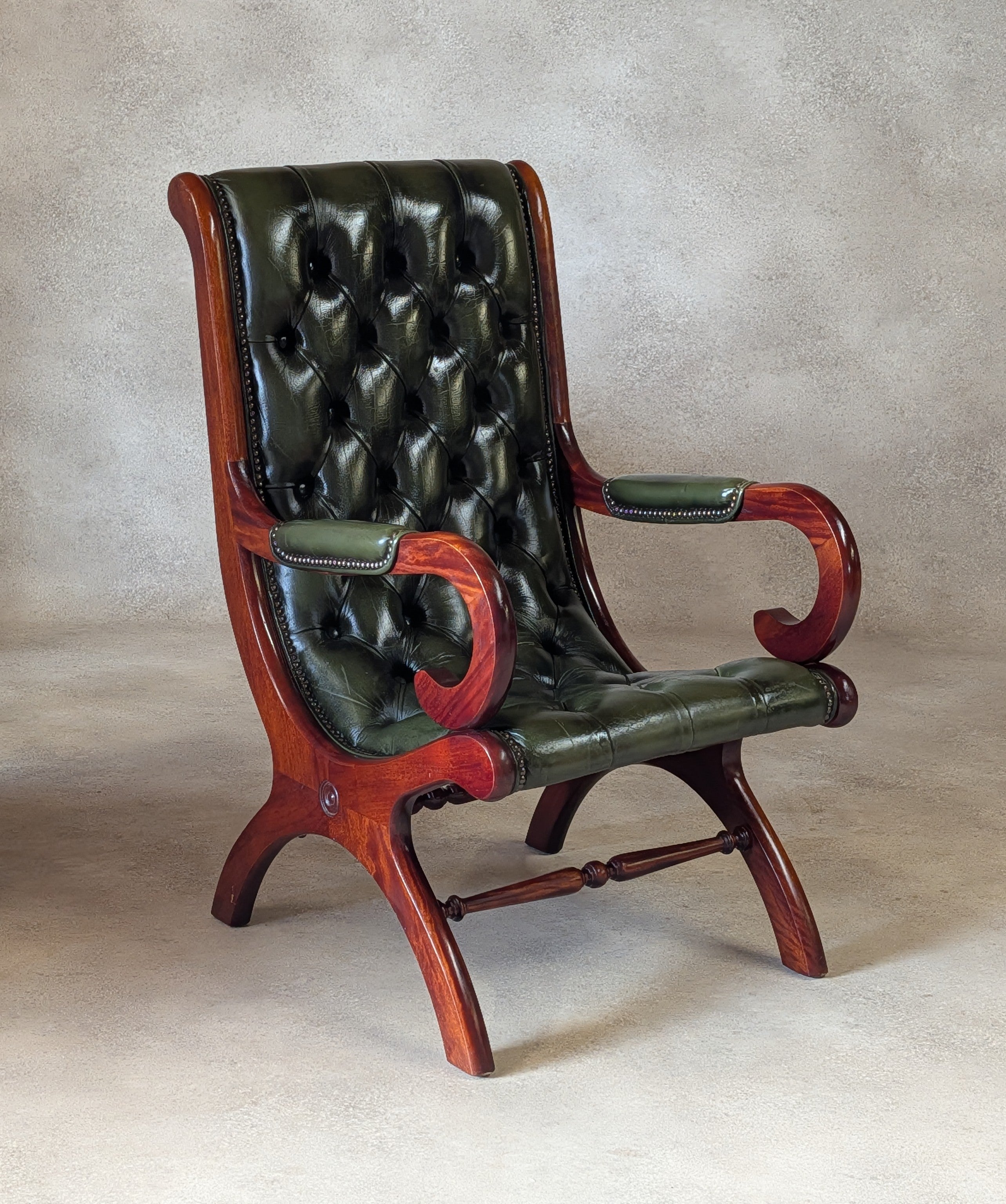 Vintage Green Leather Chesterfield Mahogany Slipper Chairs 'S' Scroll Arm Chair