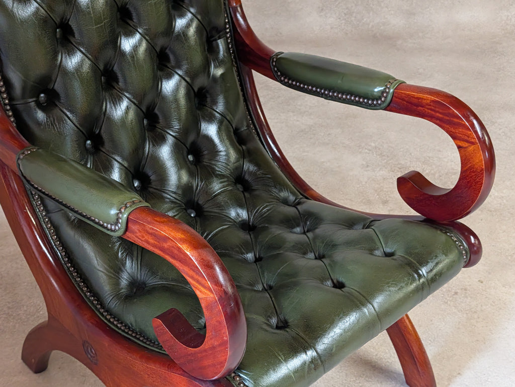 Vintage Green Leather Chesterfield Mahogany Slipper Chairs 'S' Scroll Arm Chair