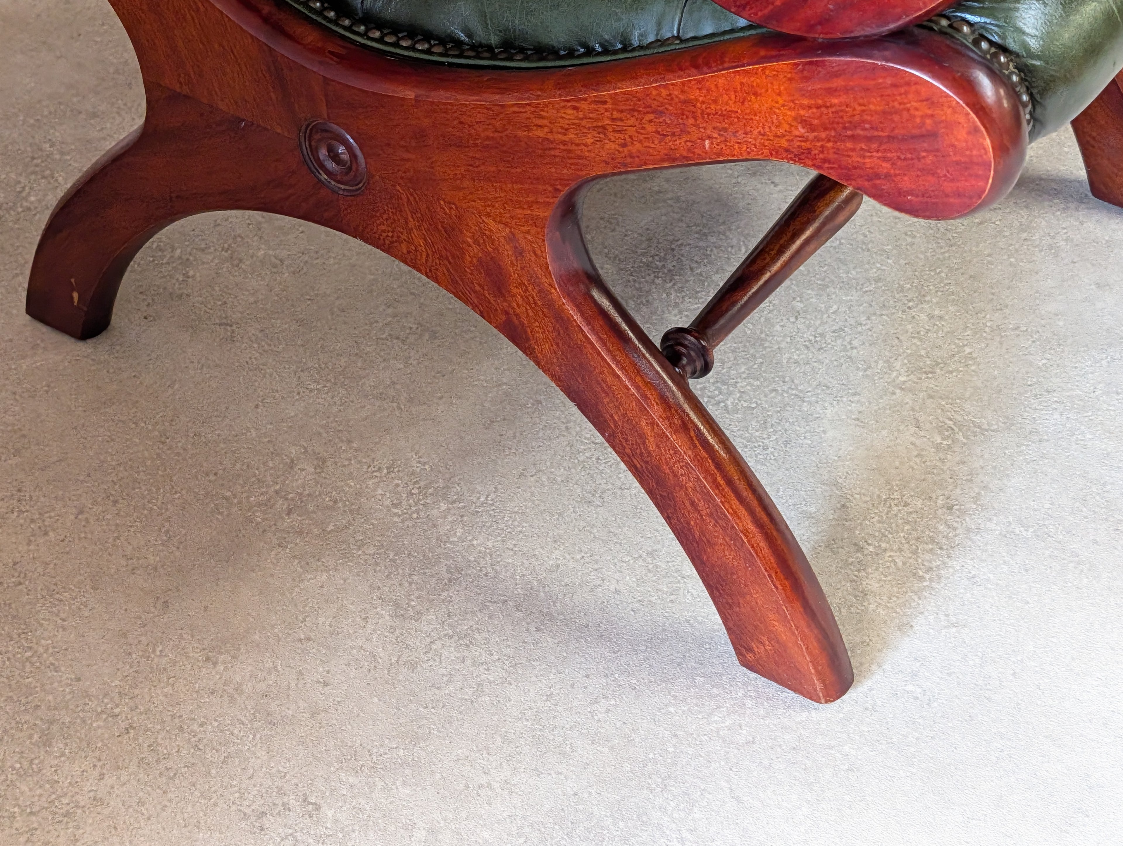 Vintage Green Leather Chesterfield Mahogany Slipper Chairs 'S' Scroll Arm Chair
