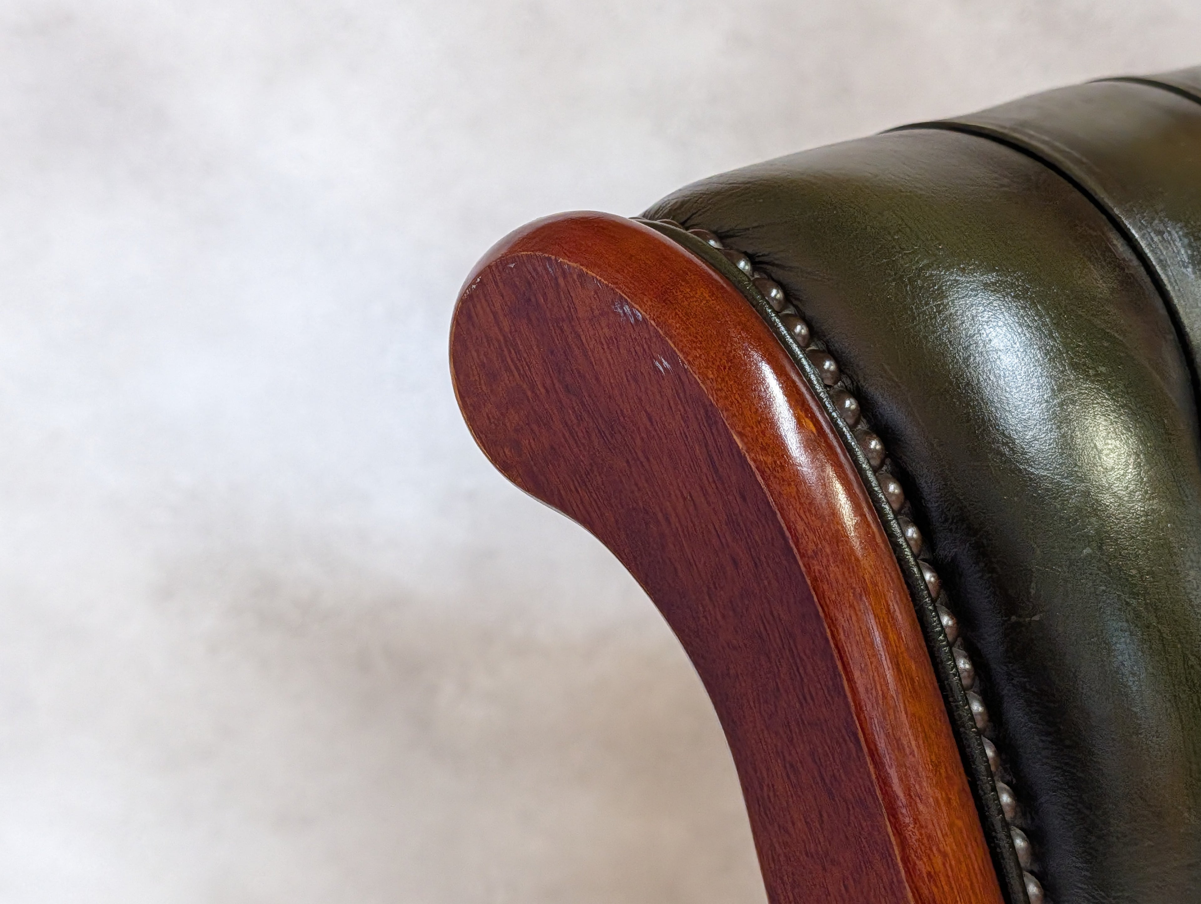 Vintage Green Leather Chesterfield Mahogany Slipper Chairs 'S' Scroll Arm Chair
