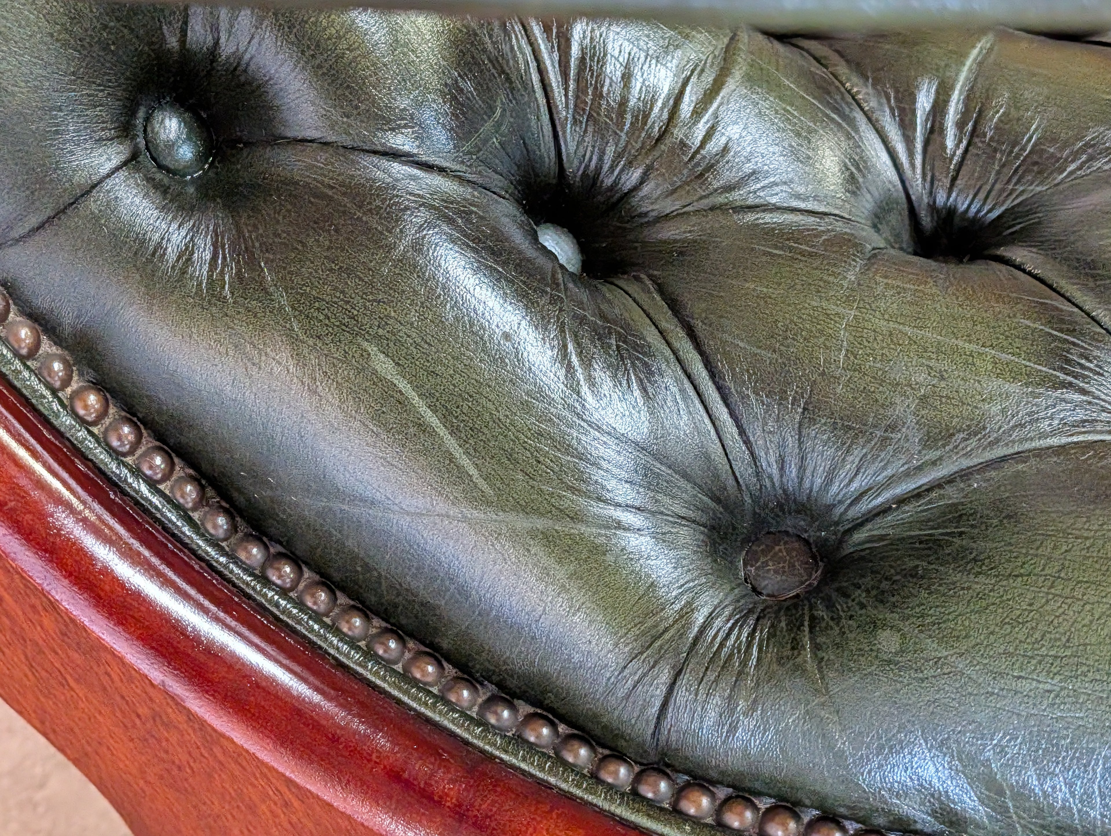 Vintage Green Leather Chesterfield Mahogany Slipper Chairs 'S' Scroll Arm Chair