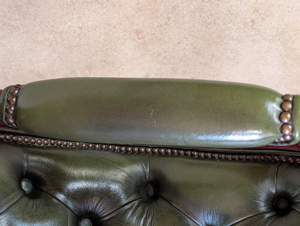 Vintage Green Leather Chesterfield Mahogany Slipper Chairs 'S' Scroll Arm Chair