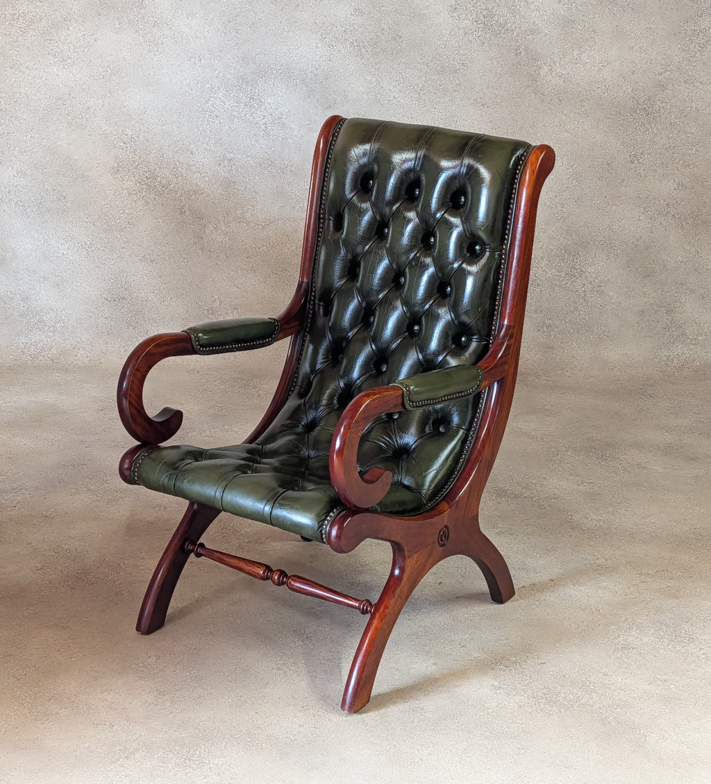 Vintage Green Leather Chesterfield Mahogany Slipper Chairs 'S' Scroll Arm Chair