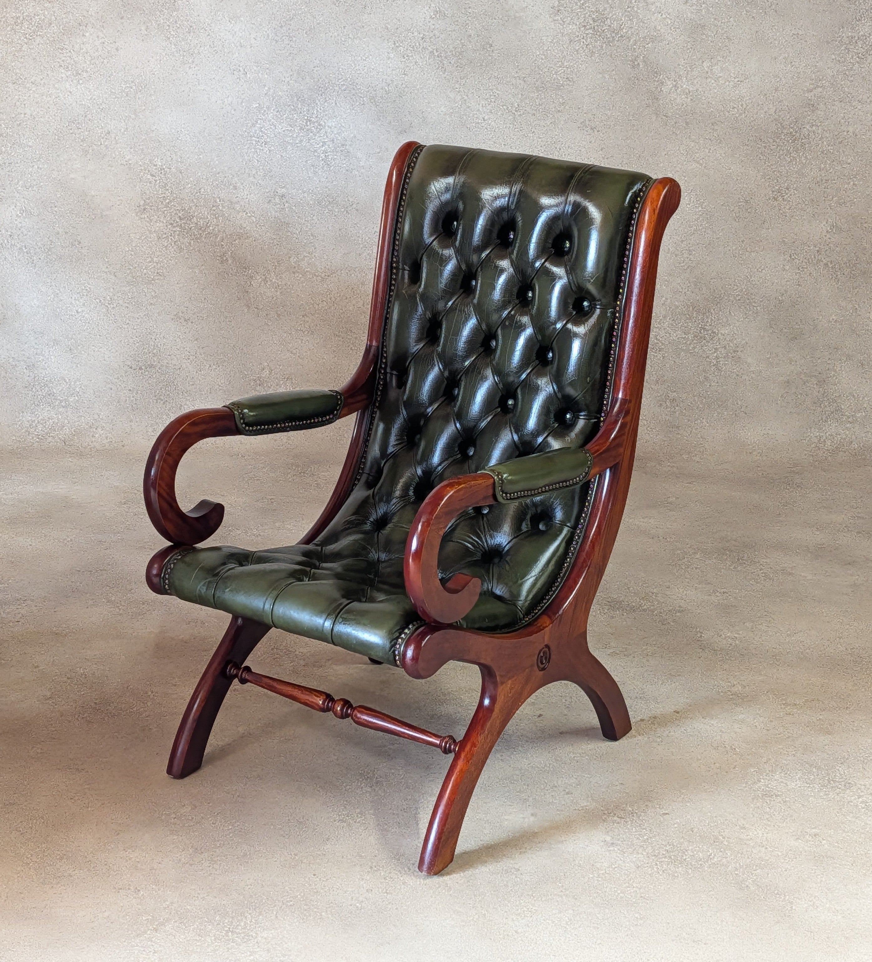 Vintage Green Leather Chesterfield Mahogany Slipper Chairs 'S' Scroll Arm Chair